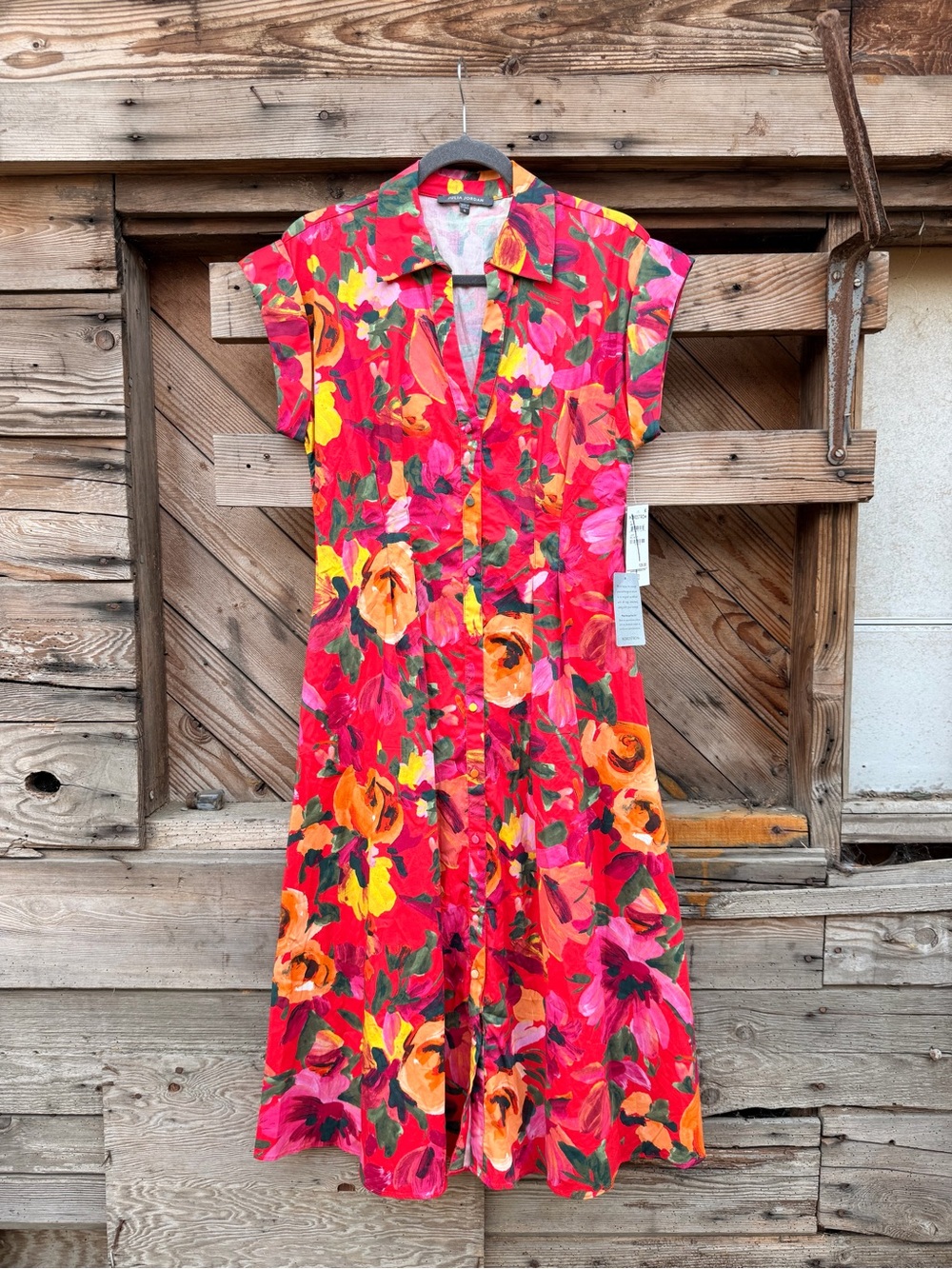 julia jordan Red Floral Button-Front Midi Dress with Pink & Orange Blooms
